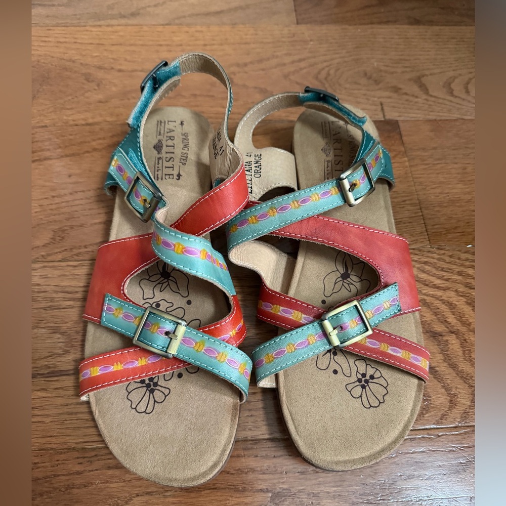L’Artiste Spring Step Crisscross Lilliana Sandals with Orange and Teal Straps